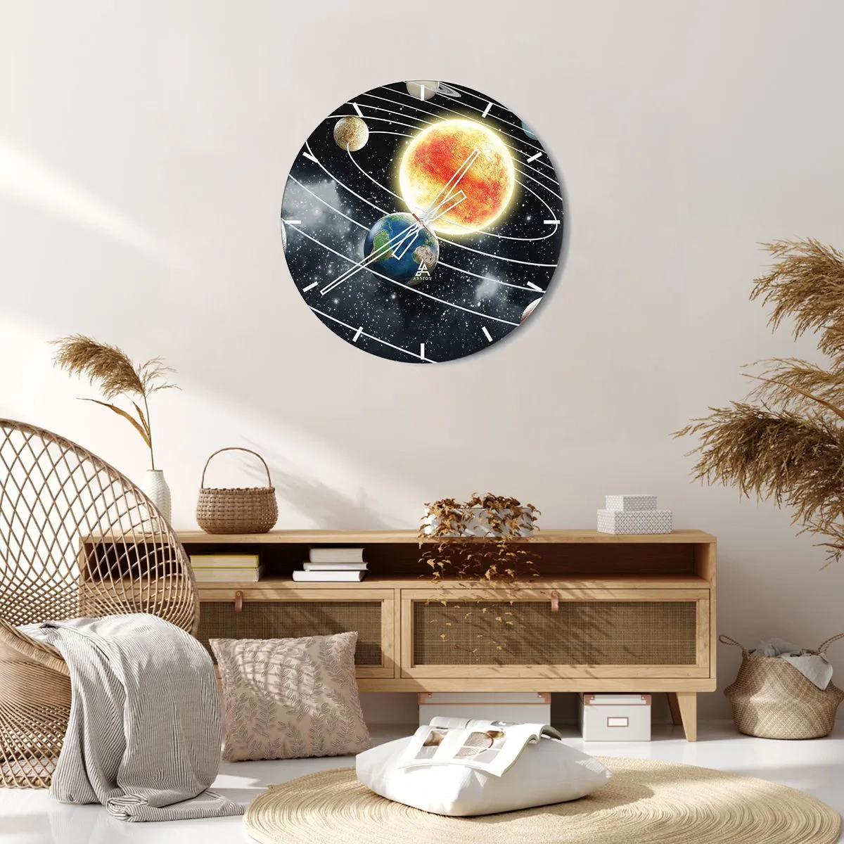 Relógio de parede - Relógio em vidro - O sistema solar com o Sol e as órbitas planetárias visíveis - 30x30cm - Dança espacial - Decoração de parede moderna para a sala de estar, cozinha e quarto ARTTOR