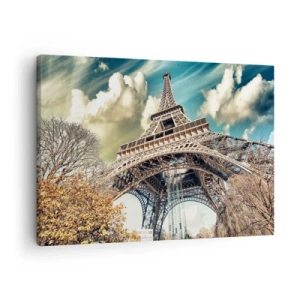 Quadro em tela - A Torre Eiffel vista de baixo em um cenário outonal - 70x50cm - E no outono em Paris... - Decoração de parede moderna para a sala de estar e quarto ARTTOR