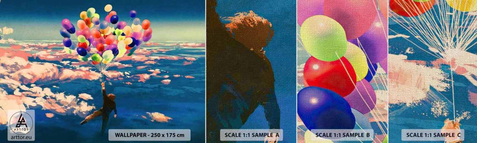 Amostra de papel de parede Premium Canvas - Um sonho de infância tornado realidade - Para crianças, Balões Coloridos, Abstração - 100x30 cm