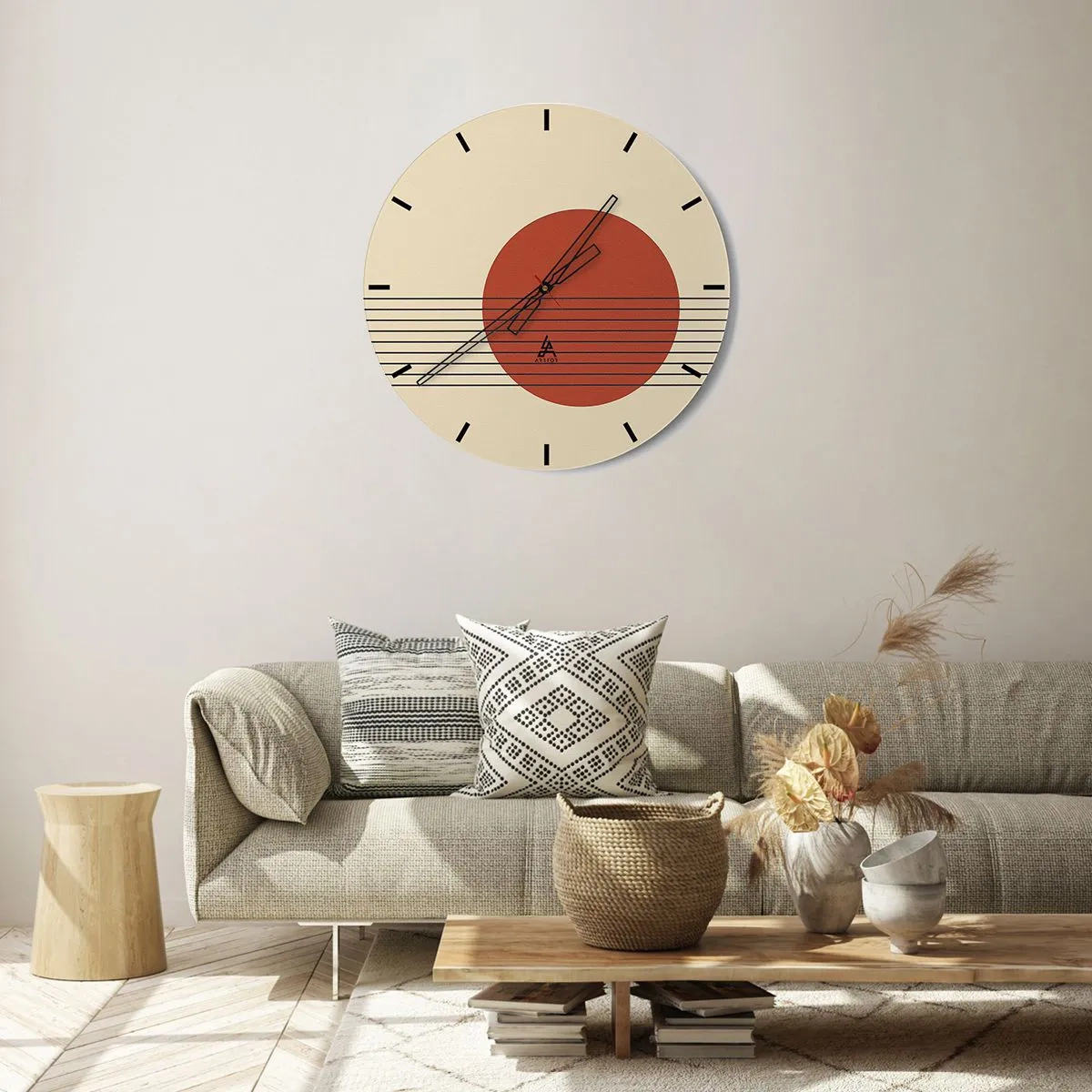 Relógio de parede - Relógio em vidro - Motivo geométrico com um círculo laranja e linhas pretas - 30x30cm - Em círculo e mais além - Decoração de parede moderna para a sala de estar, cozinha e quarto ARTTOR
