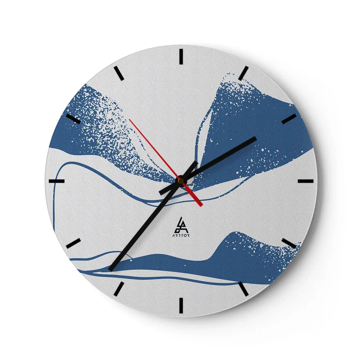 Relógio de parede - Relógio em vidro - Abstração gráfica com asas azuis em fundo branco - 30x30cm - Abstração alada - Decoração de parede moderna para a sala de estar, cozinha e quarto ARTTOR