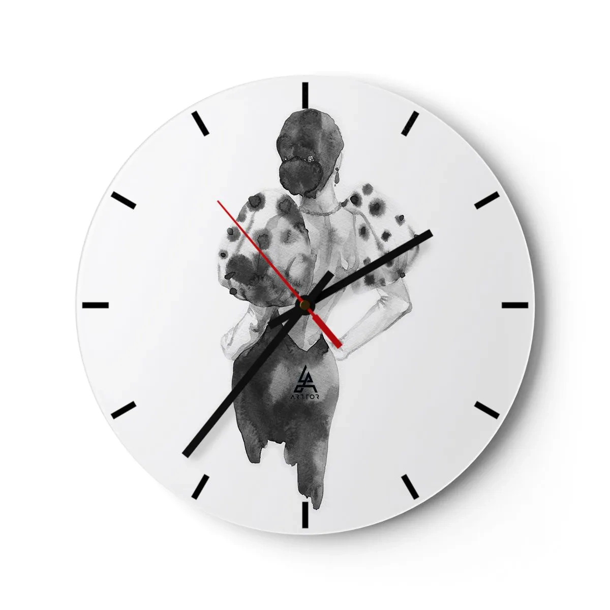 Relógio de parede - Relógio em vidro - Ilustração em preto e branco de uma mulher em um vestido elegante - 30x30cm - Ela passou por aqui - Decoração de parede moderna para a sala de estar, cozinha e quarto ARTTOR