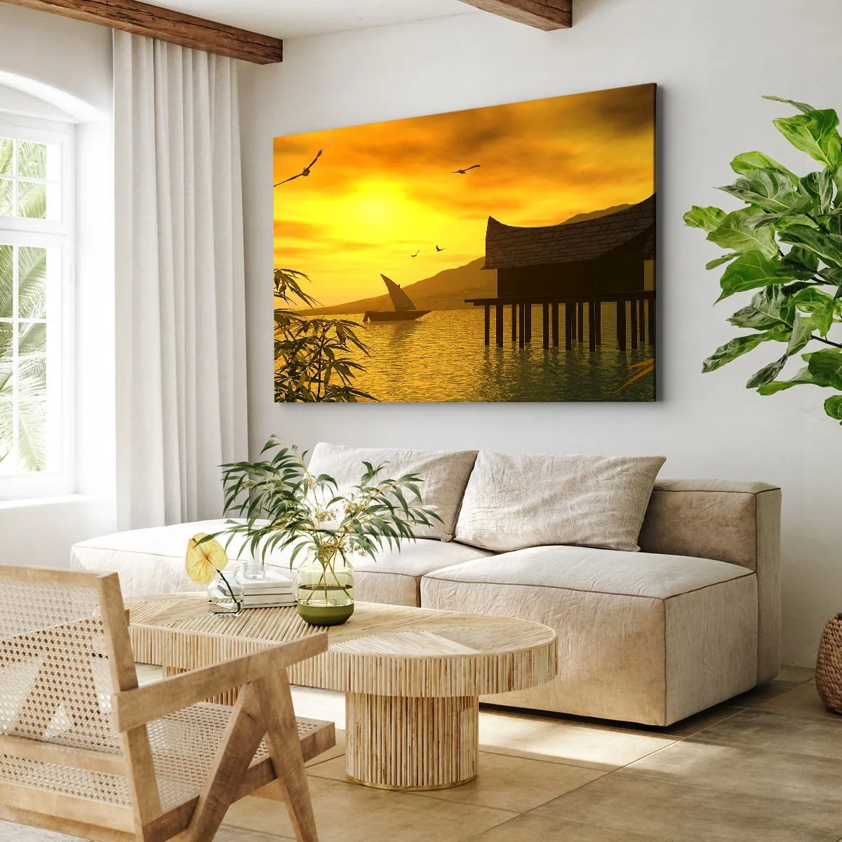 Quadro em tela - Pôr do sol tropical sobre a água com uma casa de madeira sobre palafitas. - 70x50cm - A desejada paz - Decoração de parede moderna para a sala de estar e quarto ARTTOR