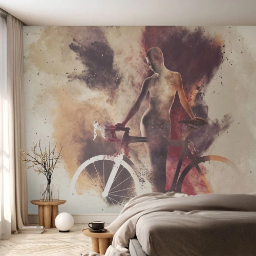 Papel de Parede Standard Eco - Silhueta de uma mulher com uma bicicleta em uma composição artística - 100x70cm - Uma alma de bicicleta em formas de mármore - Decoração de parede moderna para a sala de estar e quarto ARTTOR