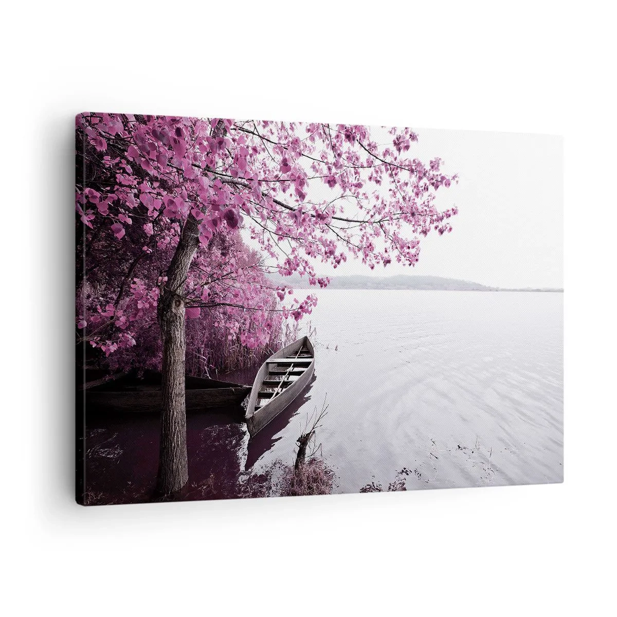Quadro em tela - Um barco na margem de um lago entre árvores cor-de-rosa - 70x50cm - Em silêncio cor-de-rosa - Decoração de parede moderna para a sala de estar e quarto ARTTOR