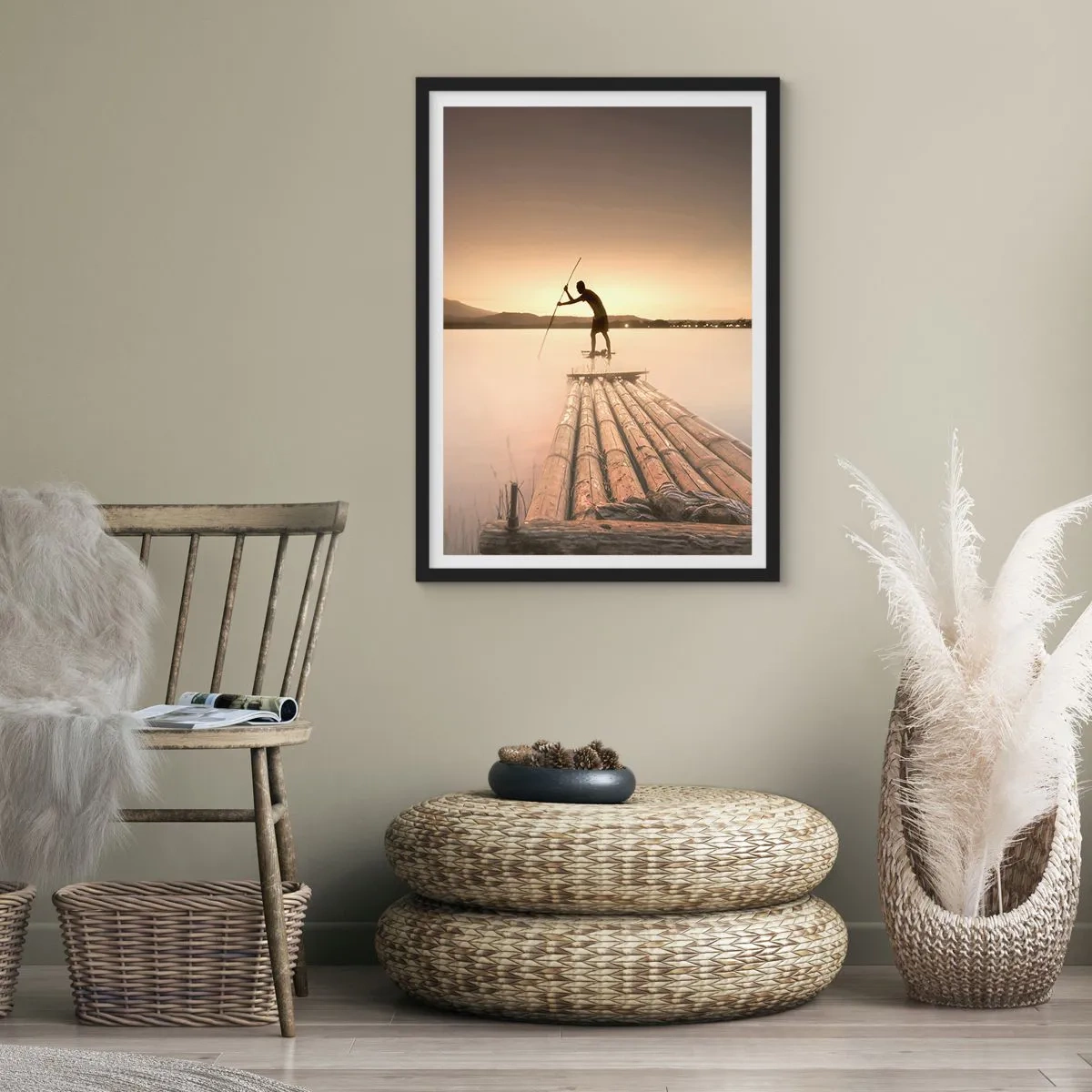 Pôster com moldura preta - Uma figura em uma jangada de bambu ao pôr do sol - 50x70cm - Antes de descansar - Decoração de parede moderna para a sala de estar e quarto ARTTOR