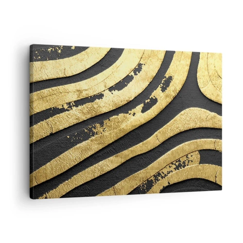 Quadro em tela - Ondas abstratas douradas em um fundo preto - 70x50cm - Tudo flui - Decoração de parede moderna para a sala de estar e quarto ARTTOR