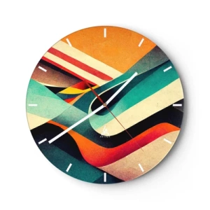 Relógio de parede - Relógio em vidro - Ondas e listras coloridas em uma forma geométrica abstrata - 30x30cm - Composição intensa - Decoração de parede moderna para a sala de estar, cozinha e quarto ARTTOR