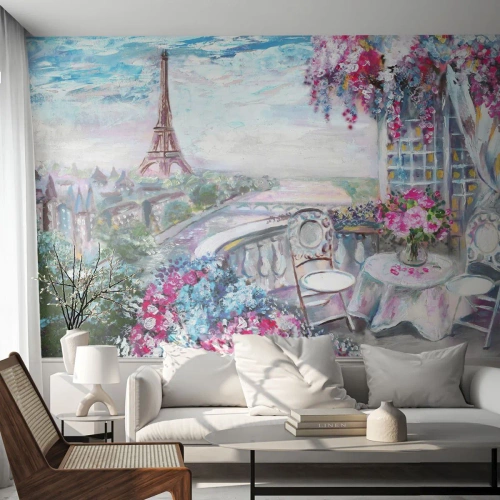 Papel de parede personalizado Adesivo Deluxe Sticker - É mais bonito aqui em maio - Cidade, Torre Eiffel, Paris