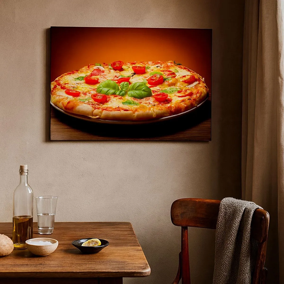 Quadro em tela - Pizza com tomate e manjericão em uma mesa de madeira - 70x50cm - Mamma mia! - Decoração de parede moderna para a sala de estar e quarto ARTTOR
