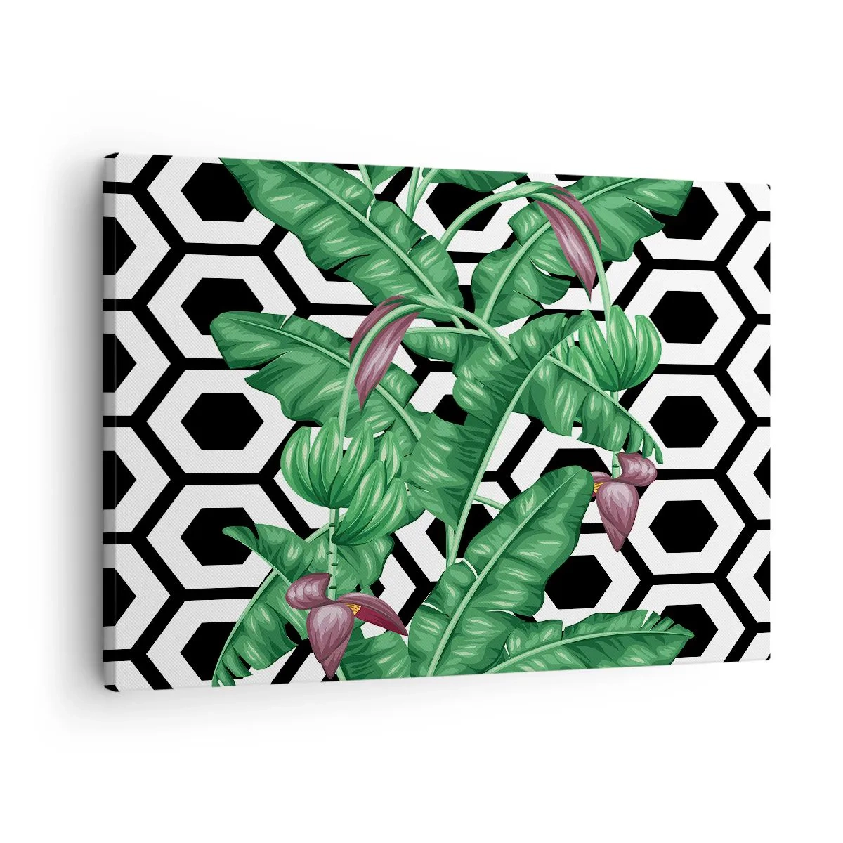 Quadro em tela - Folhas tropicais em um fundo geométrico - 70x50cm - Composição simétrica por natureza - Decoração de parede moderna para a sala de estar e quarto ARTTOR