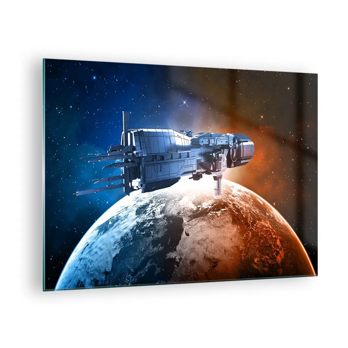 Quadro em vidro - Uma nave espacial orbitando um planeta à luz das estrelas - 70x50cm - Observador atento - Decoração de parede moderna para a sala de estar e quarto ARTTOR