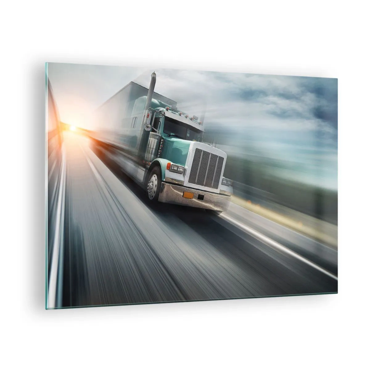 Quadro em vidro - Caminhão na rodovia ao pôr do sol - 70x50cm - Gigante americano com pressa - Decoração de parede moderna para a sala de estar e quarto ARTTOR