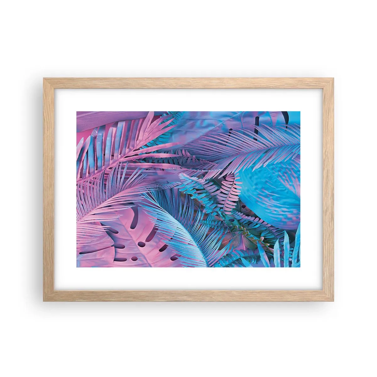 Pôster com moldura de carvalho claro - Trópicos em rosa e azul - 40x30 cm