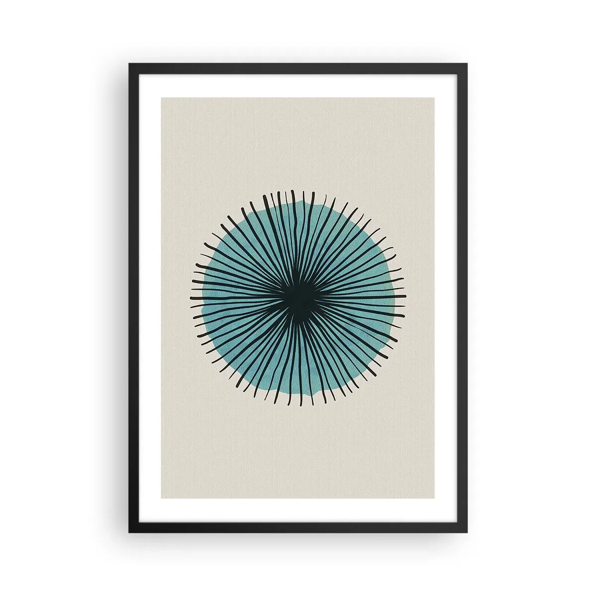 Pôster com moldura preta - Padrão geométrico em forma de círculo radial - 50x70cm - Radiante sobre o azul - Decoração de parede moderna para a sala de estar e quarto ARTTOR