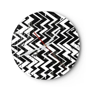 Relógio de parede - Relógio em vidro - Padrão em zigue-zague preto e branco com efeito artístico desgastado - 30x30cm - Zig-branco, zag-preto - Decoração de parede moderna para a sala de estar, cozinha e quarto ARTTOR