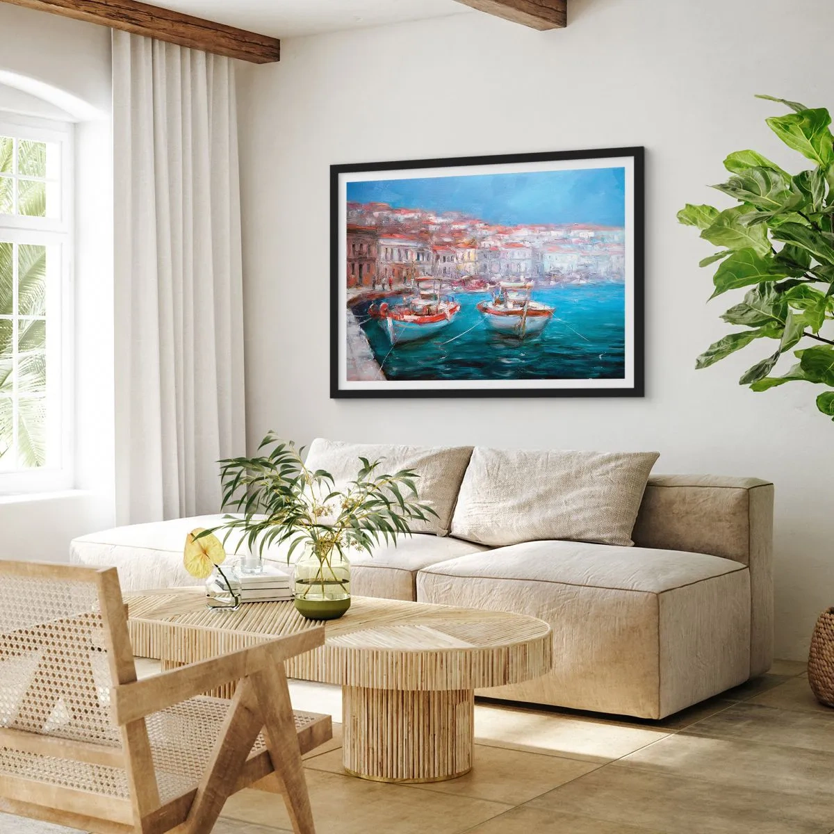 Pôster com moldura preta - Baía italiana - 100x70 cm