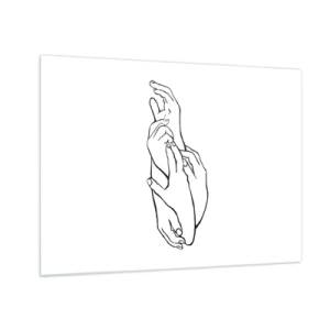 Quadro em vidro - Um desenho linear sutil de mãos entrelaçadas em um fundo branco. - 70x50cm - Bom toque - Decoração de parede moderna para a sala de estar e quarto ARTTOR