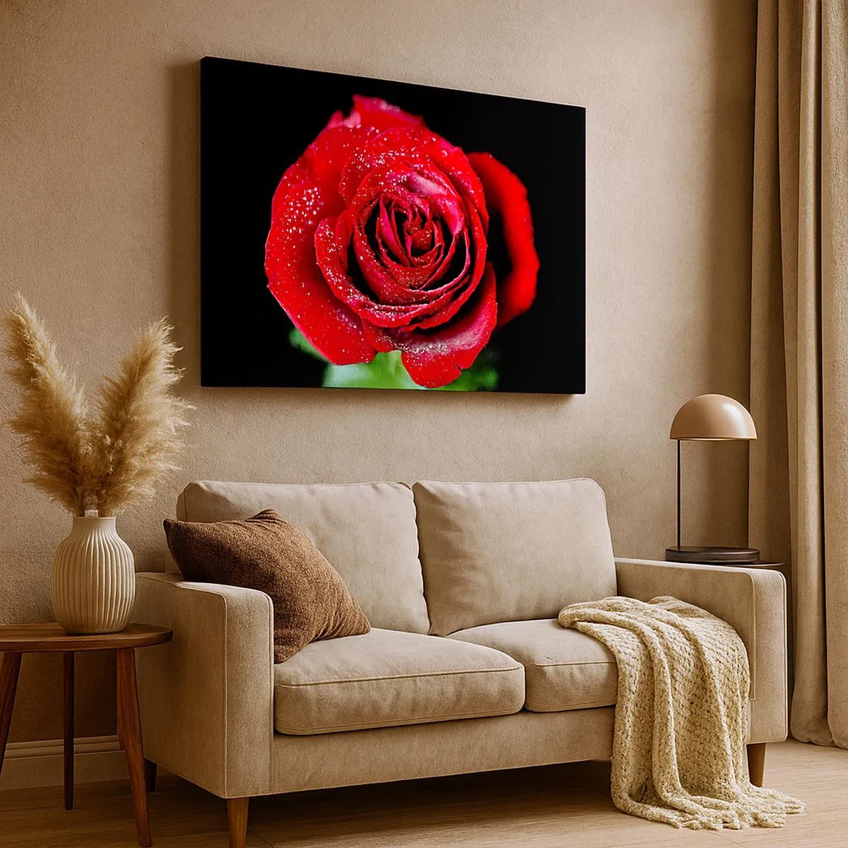 Quadro em tela - Uma rosa vermelha coberta com gotas de orvalho sobre um fundo preto. - 70x50cm - Isso é amor - Decoração de parede moderna para a sala de estar e quarto ARTTOR