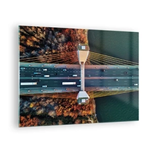 Quadro em vidro - Vista aérea da ponte com disposição simétrica de cabos e carros - 70x50cm - Além das águas, além das florestas - Decoração de parede moderna para a sala de estar e quarto ARTTOR