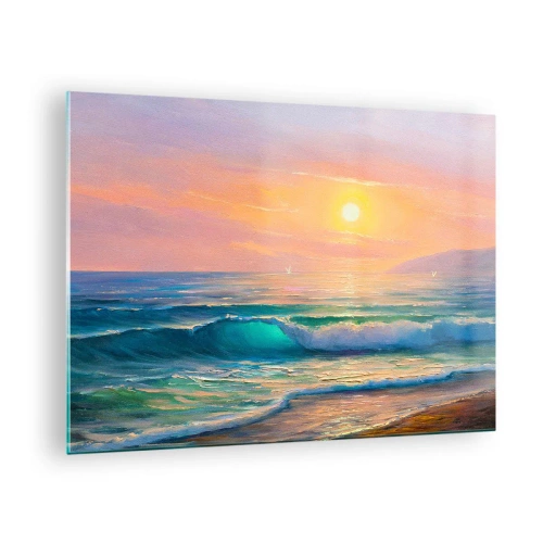 Quadro em vidro - Paisagem marinha com ondas e um pôr do sol em tons turquesa - 70x50cm - O canto turquesa das ondas - Decoração de parede moderna para a sala de estar e quarto ARTTOR