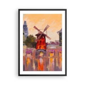 Pôster com moldura preta - Uma interpretação pictórica do famoso moinho de vento tendo como pano de fundo a cidade - 50x70cm - Ícones parisienses – Moulin Rouge - Decoração de parede moderna para a sala de estar e quarto ARTTOR