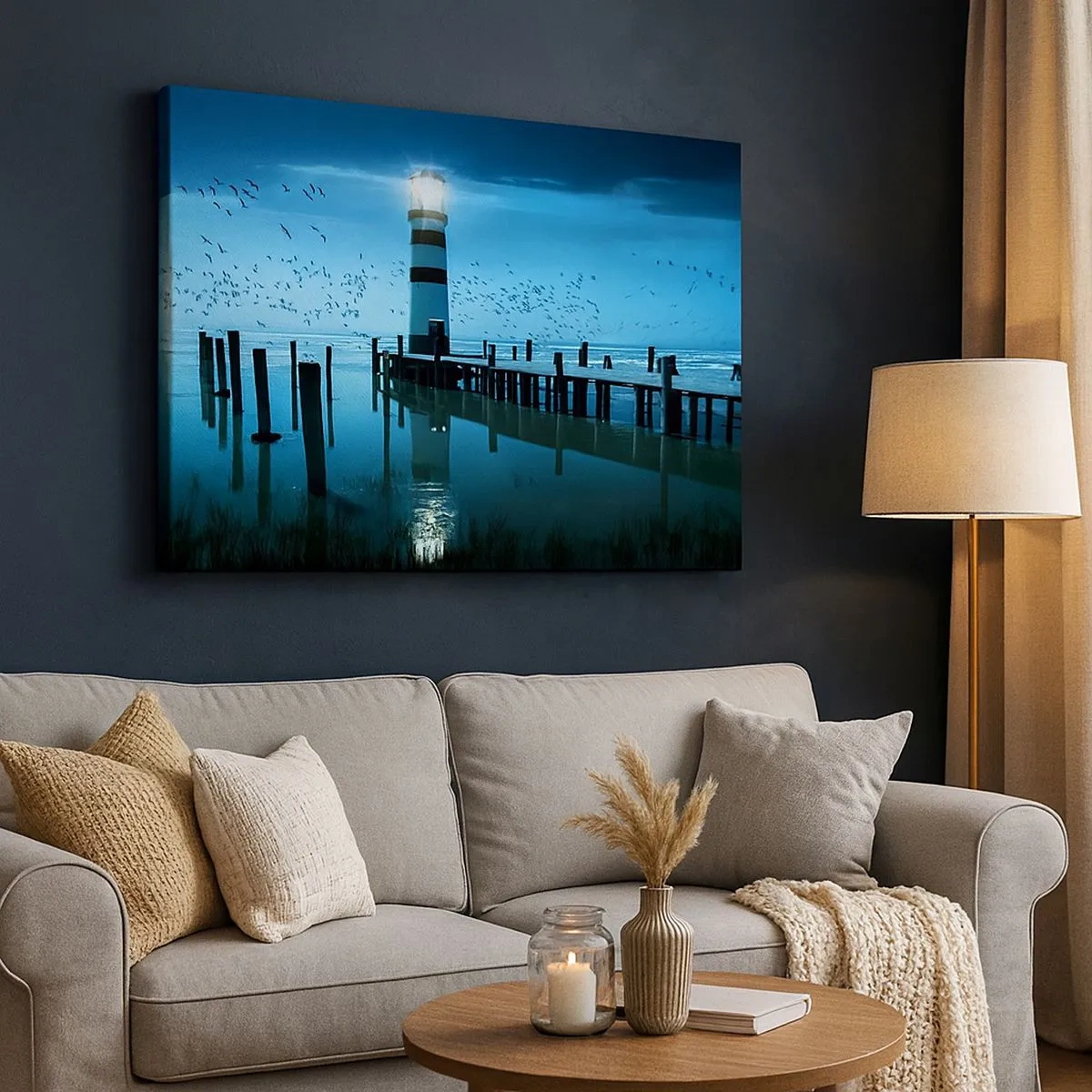 Quadro em tela - O farol no cais iluminado à noite - 70x50cm - E não se teme o escuro - Decoração de parede moderna para a sala de estar e quarto ARTTOR