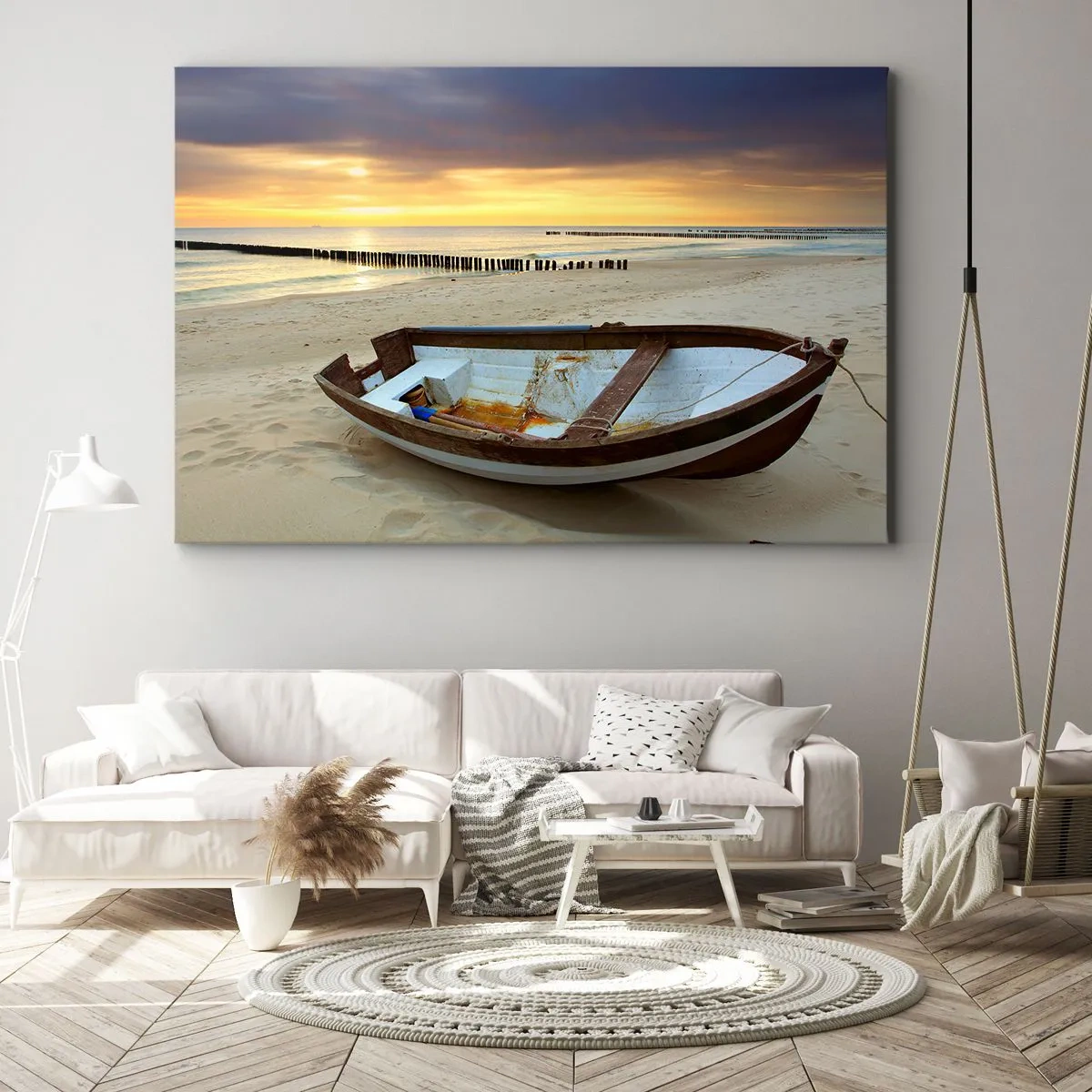 Quadro em tela - Um barco em uma praia de areia ao pôr do sol - 70x50cm - Não há mais praias bonitas do que essa - Decoração de parede moderna para a sala de estar e quarto ARTTOR