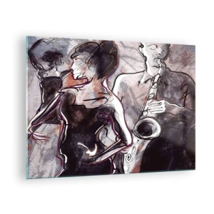 Quadro em vidro - Dançarinos e um saxofonista em um estilo de esboço artístico - 70x50cm - Deixar-se levar pela música - Decoração de parede moderna para a sala de estar e quarto ARTTOR