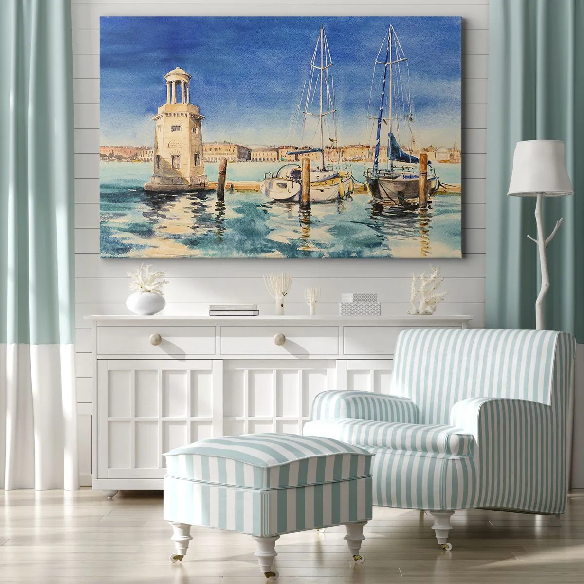 Quadro em tela - Marina com barcos tendo como pano de fundo uma lagoa azul - 70x50cm - Lagoa ensolarada - Decoração de parede moderna para a sala de estar e quarto ARTTOR