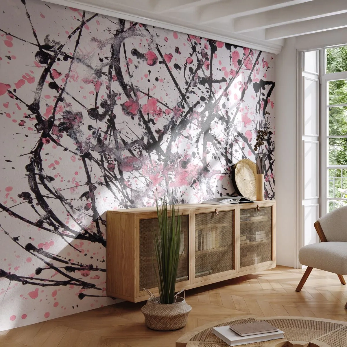Papel de Parede Standard Eco - Composição abstrata com manchas de tinta preta e rosa - 100x70cm - A natureza fugaz da vida - Decoração de parede moderna para a sala de estar e quarto ARTTOR