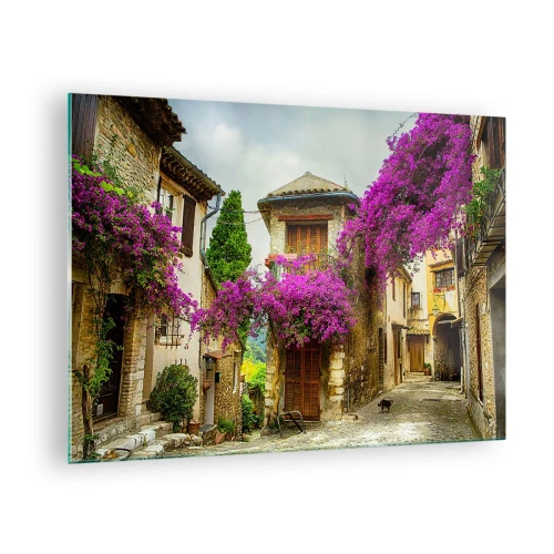 Quadro em vidro - Uma rua encantadora com videiras rosas floridas e casas de temporada - 70x50cm - Sob um dossel de flores - Decoração de parede moderna para a sala de estar e quarto ARTTOR