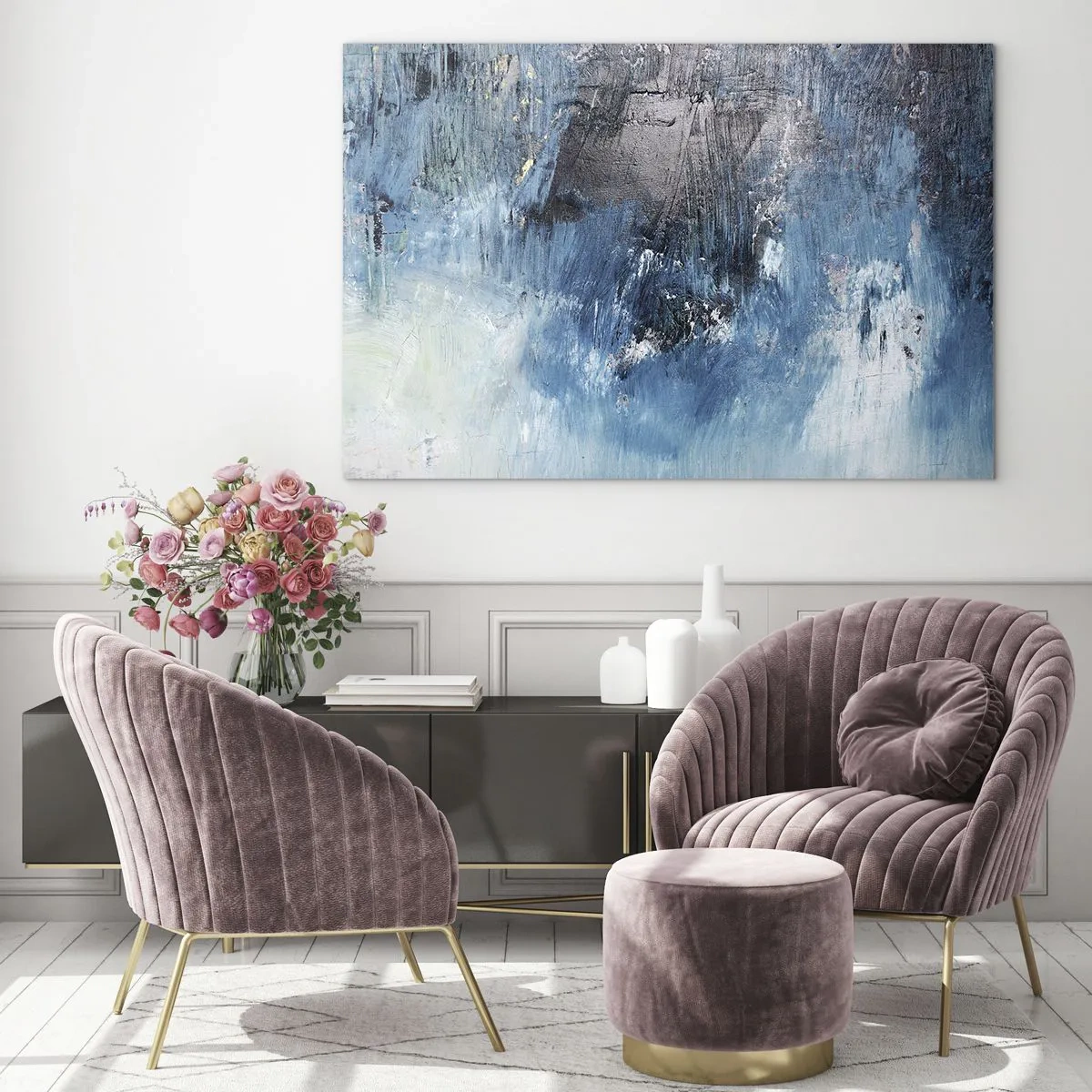 Quadro em vidro - Composição abstrata em tons de azul - 70x50cm - Rapsódia em azul - Decoração de parede moderna para a sala de estar e quarto ARTTOR