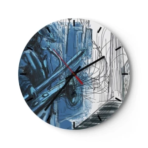 Relógio de parede - Relógio em vidro - Um músico de jazz numa interpretação artística - 30x30cm - Rapsódia Urbana - Decoração de parede moderna para a sala de estar, cozinha e quarto ARTTOR