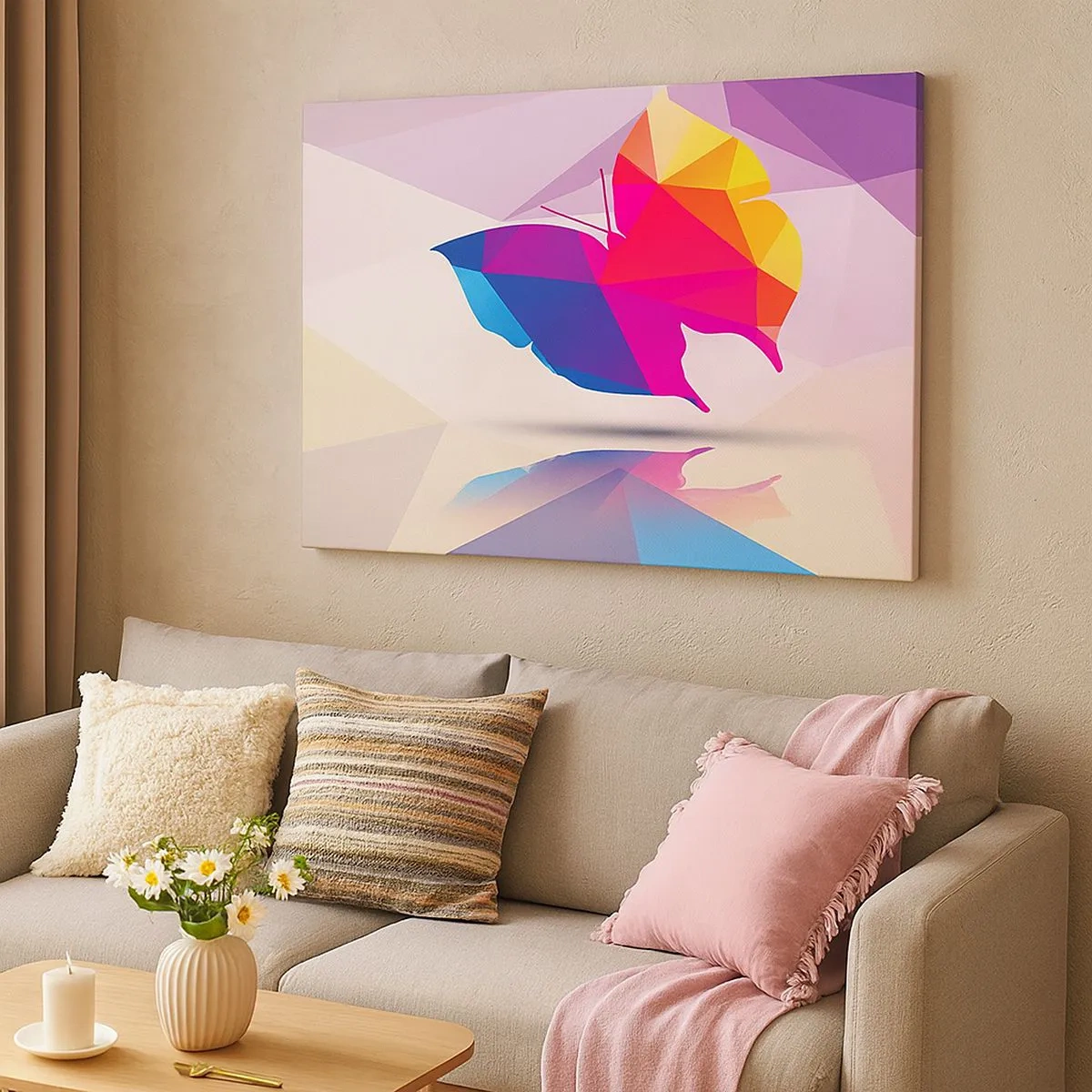 Quadro em tela - Silhueta geométrica de borboleta em cores vibrantes - 70x50cm - Arco-íris borboleta - Decoração de parede moderna para a sala de estar e quarto ARTTOR