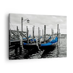Quadro em tela - Gôndolas em Veneza com coberturas azuis - 70x50cm - Veneza pensativa - Decoração de parede moderna para a sala de estar e quarto ARTTOR