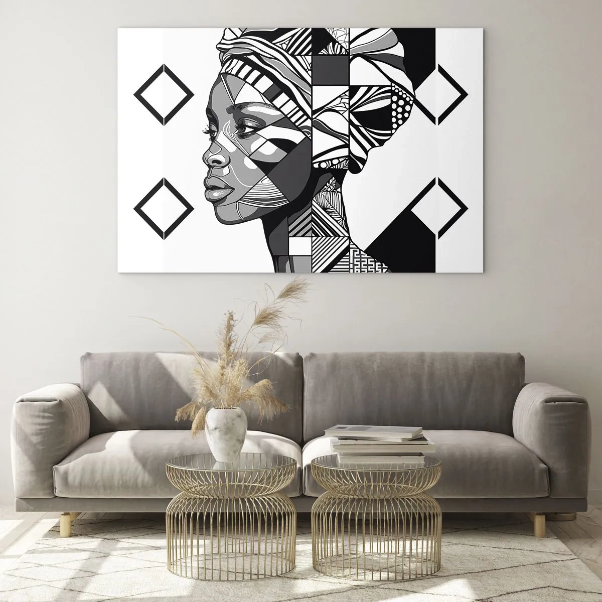 Quadro em vidro - Retrato étnico em preto e branco de uma mulher com padrões geométricos - 70x50cm - Retrato étnico - Decoração de parede moderna para a sala de estar e quarto ARTTOR