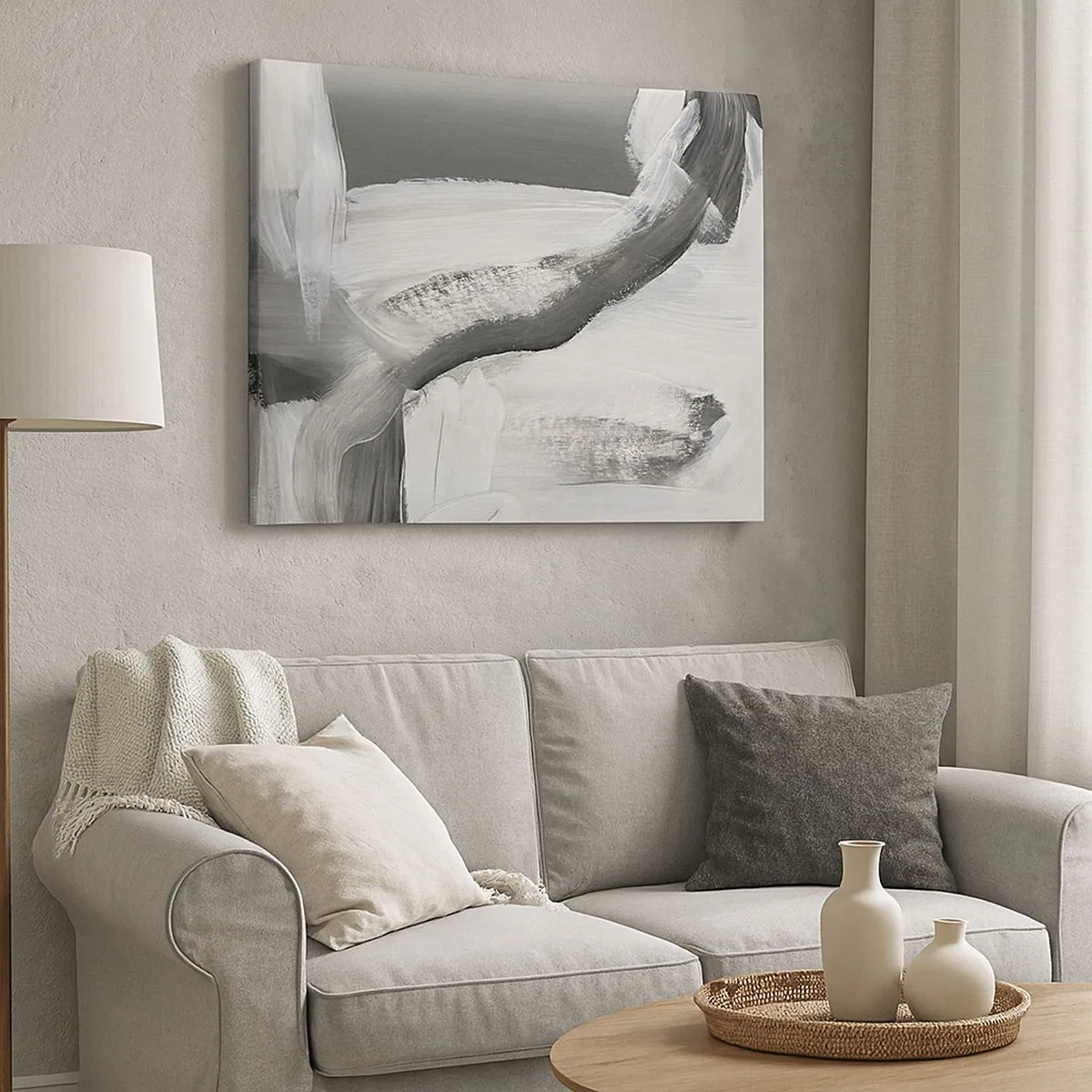 Quadro em tela - Abstração cinza e branca com linhas dinâmicas - 70x50cm - Um movimento decisivo - Decoração de parede moderna para a sala de estar e quarto ARTTOR