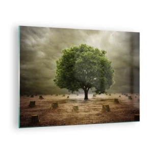 Quadro em vidro - Uma árvore verde cercada por troncos contra um céu sombrio - 70x50cm - Toda a esperança - Decoração de parede moderna para a sala de estar e quarto ARTTOR