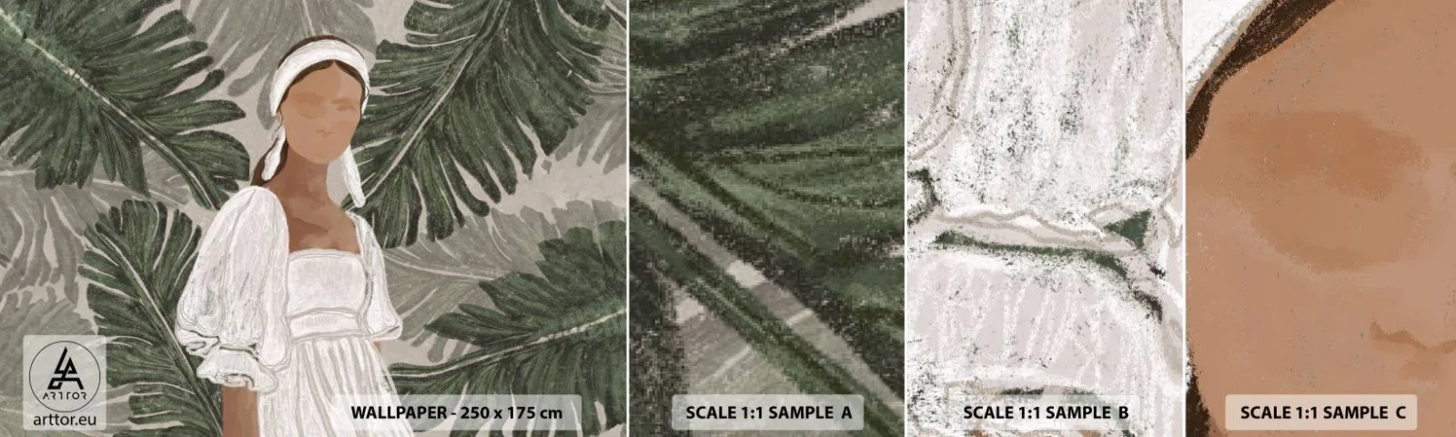 Amostra de Papel de Parede Standard Eco - Retrato exótico - Boho, Mulher, Folhas - 100x30 cm
