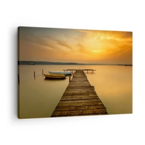 Quadro em tela - Cais de madeira e barcos no lago ao pôr do sol - 70x50cm - Abrirei o céu dourado para vós - Decoração de parede moderna para a sala de estar e quarto ARTTOR