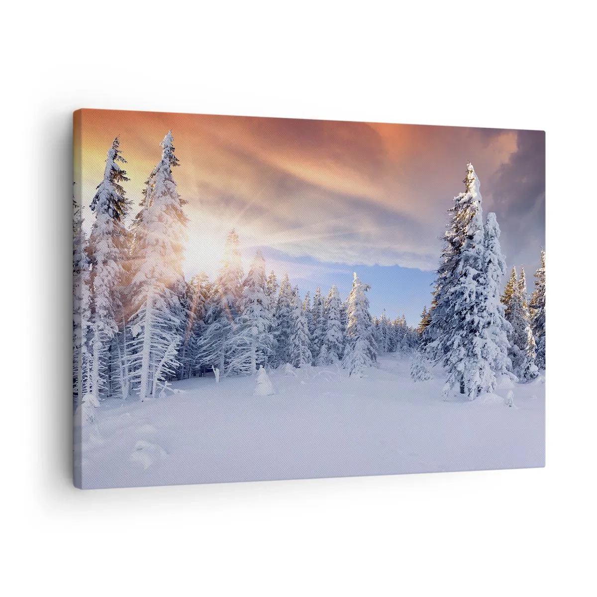 Quadro em tela - Paisagem de inverno com uma floresta coberta de neve ao pôr do sol - 70x50cm - Espetáculo de neve da natureza - Decoração de parede moderna para a sala de estar e quarto ARTTOR