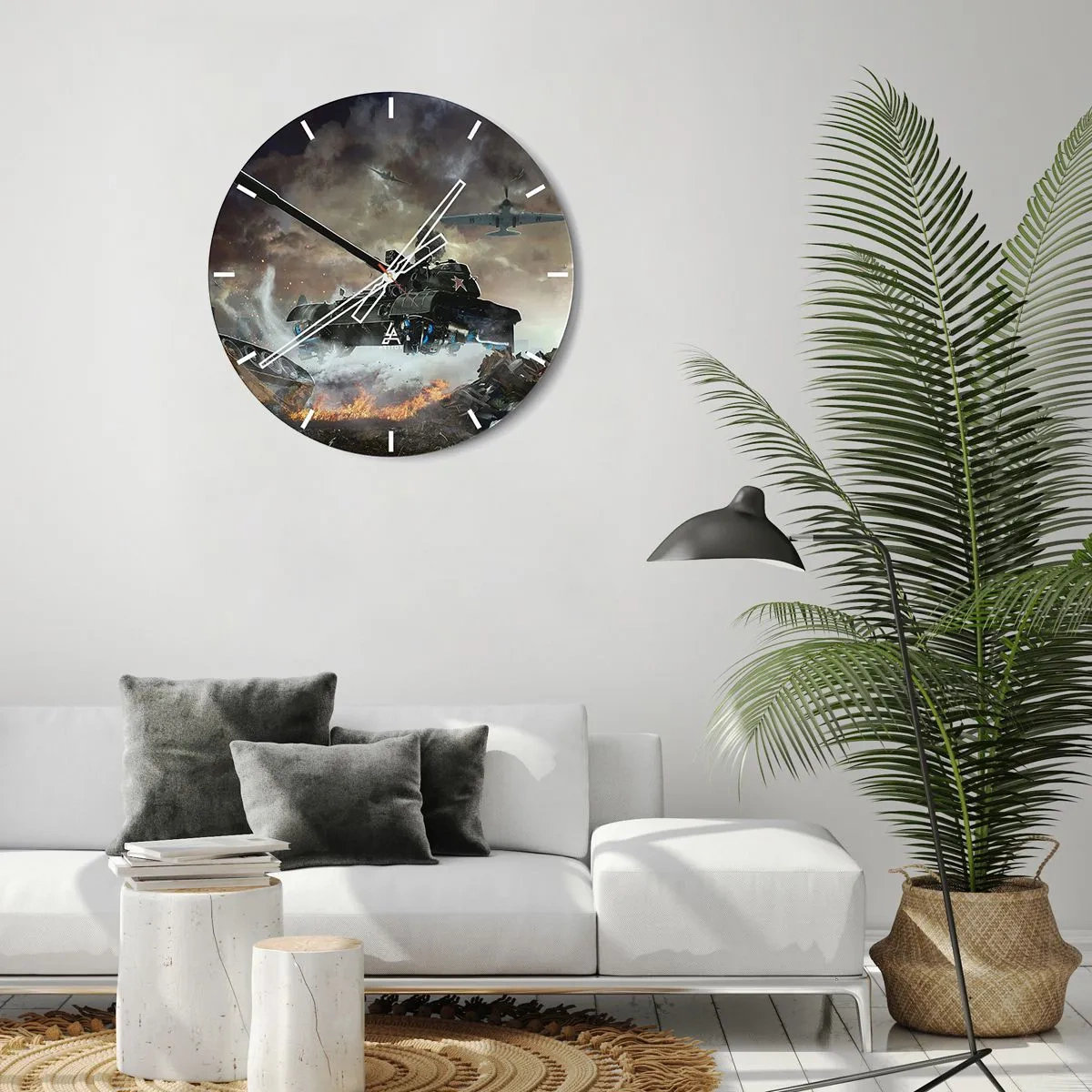 Relógio de parede - Relógio em vidro - Tanques e aviões em ação - 30x30cm - A batalha é terrível e bonita - Decoração de parede moderna para a sala de estar, cozinha e quarto ARTTOR