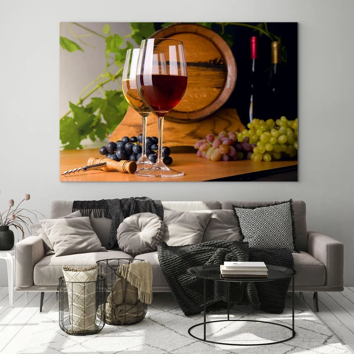 Quadro em vidro - Taças de vinho, uvas e um barril contra um fundo de folhas de videira - 70x50cm - Como com os antigos mestres - Decoração de parede moderna para a sala de estar e quarto ARTTOR