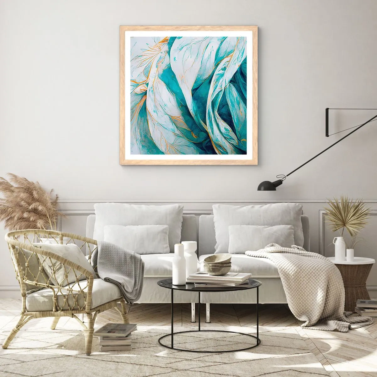 Pôster com moldura de carvalho claro - Abstração azul com lema dourado - 60x60 cm