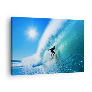 Quadro em tela - Um surfista em uma prancha surfa dentro de uma onda poderosa sob um céu azul. - 70x50cm - Azul gigante - Decoração de parede moderna para a sala de estar e quarto ARTTOR