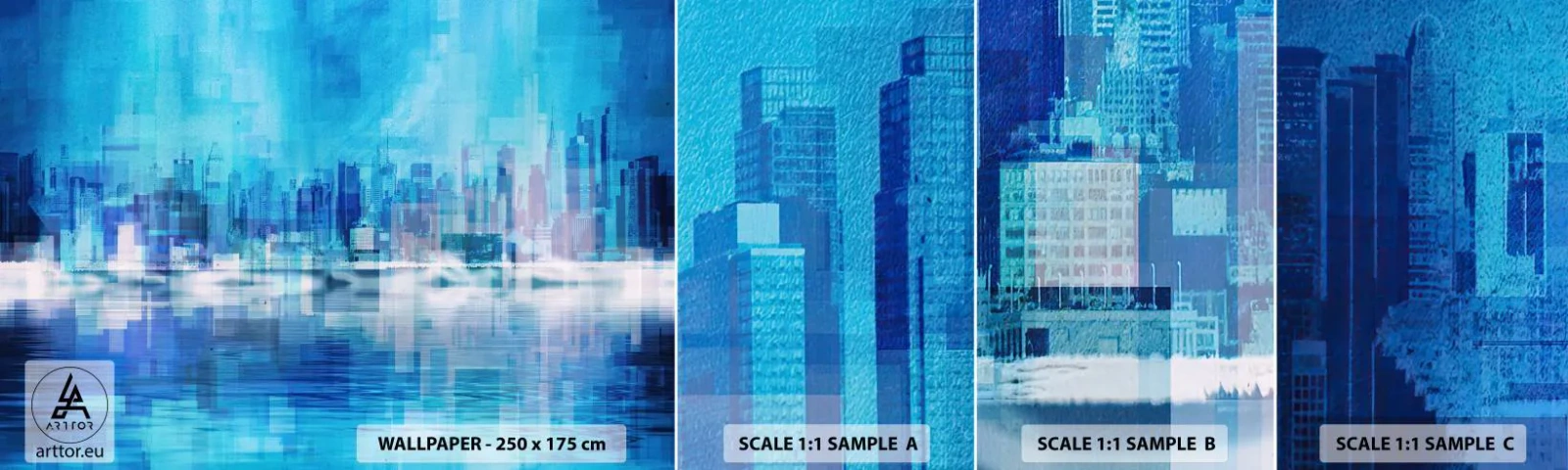 Amostra de papel de parede autocolante Deluxe Sticker - Imerso em azul - Abstração, Cidade, Arquitetura - 100x30 cm