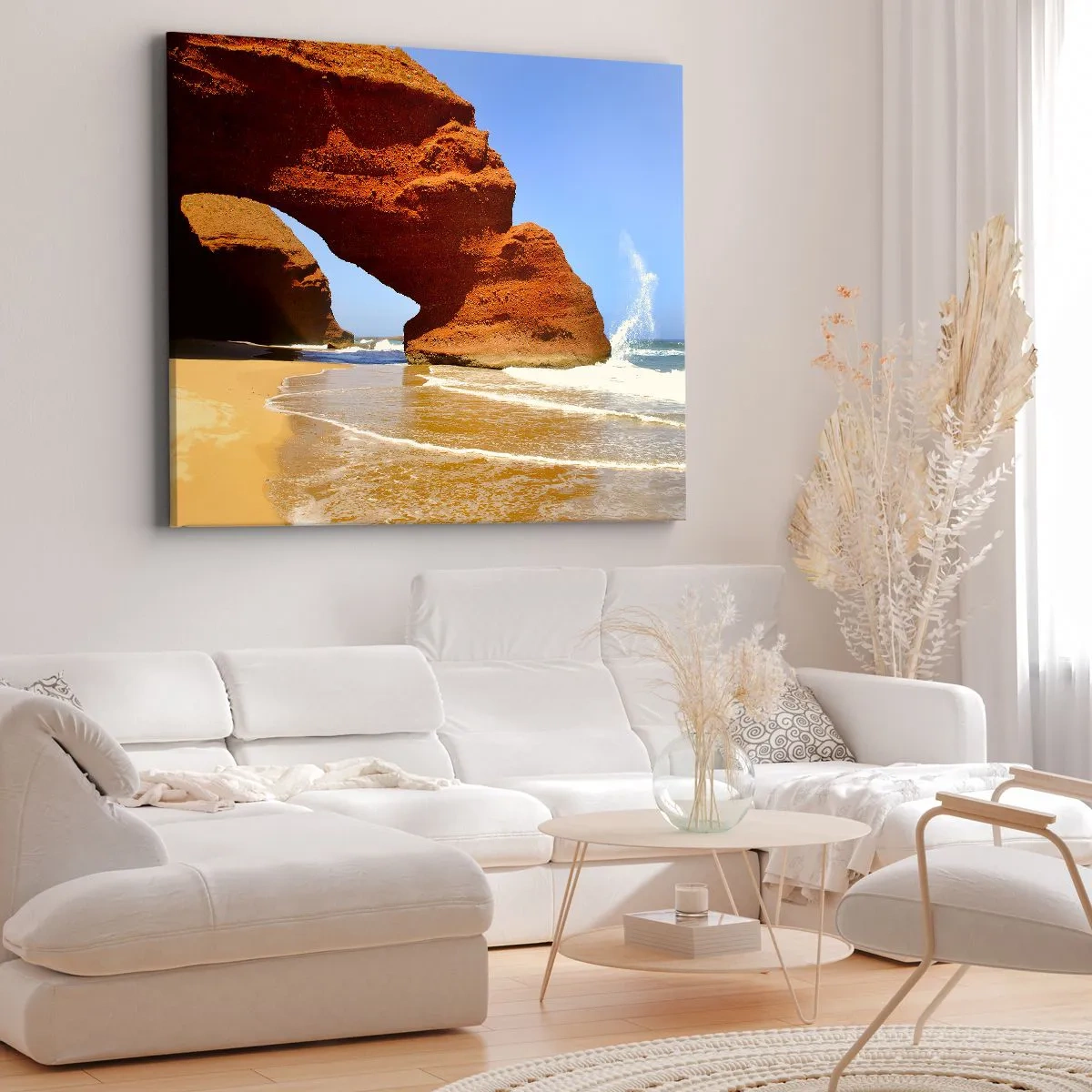 Quadro em tela - Um arco de rocha natural em uma praia com céu azul e ondas - 70x50cm - Água e vento por milhares de anos - Decoração de parede moderna para a sala de estar e quarto ARTTOR