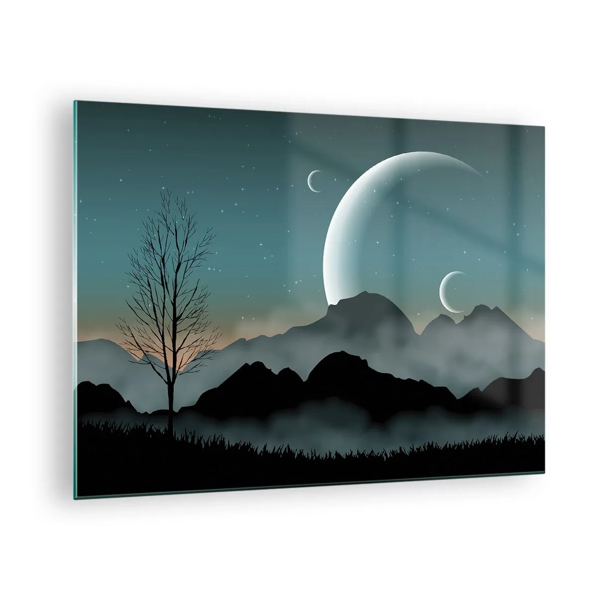 Quadro em vidro - Luas sobre montanhas com uma árvore solitária e estrelas - 70x50cm - Carnaval de uma noite estrelada - Decoração de parede moderna para a sala de estar e quarto ARTTOR