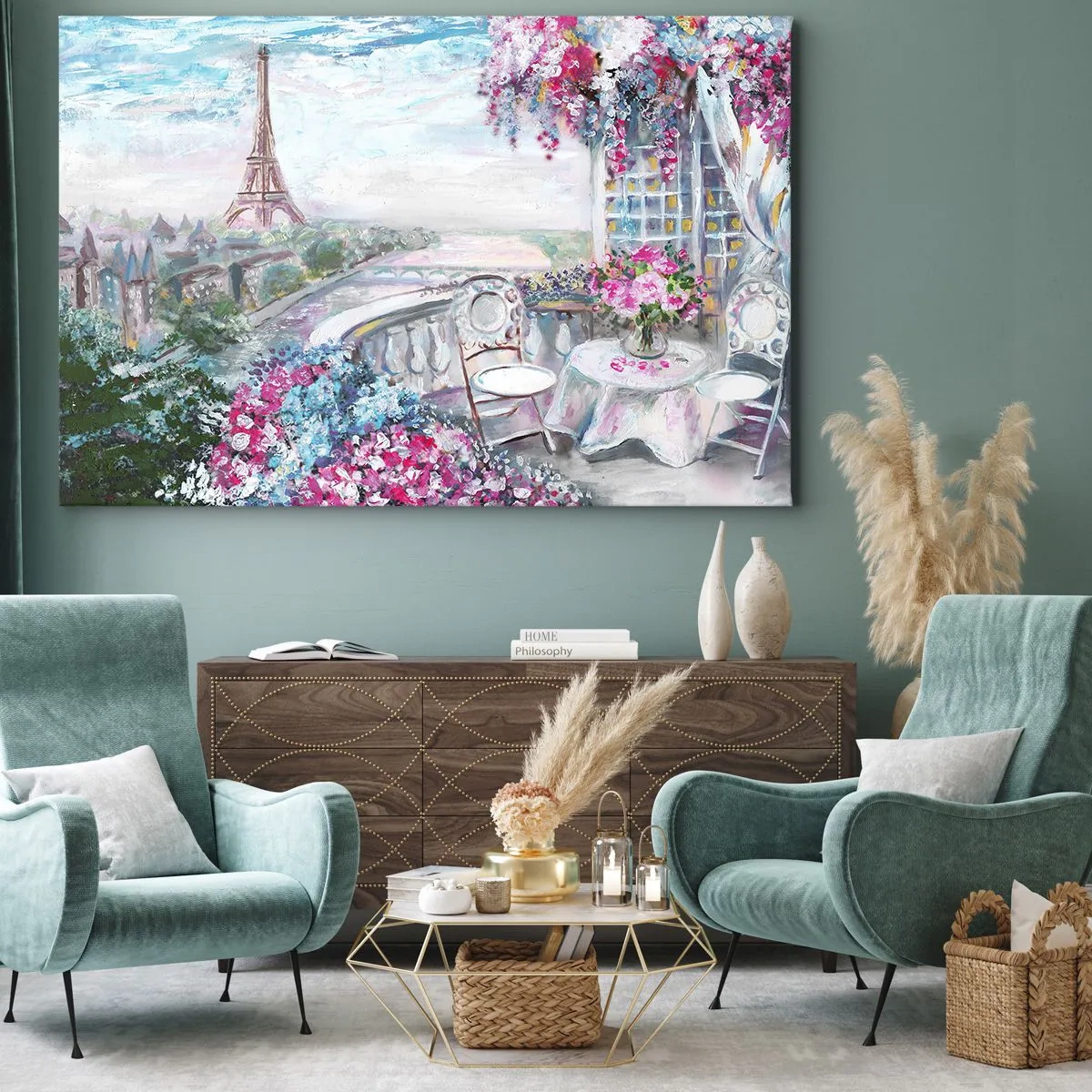 Quadro em tela - Uma vista romântica de Paris com a Torre Eiffel e uma varanda cheia de flores - 70x50cm - É mais bonito aqui em maio - Decoração de parede moderna para a sala de estar e quarto ARTTOR